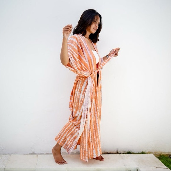 NEW | Hand-dyed Orange Tie Dye Kimono, Swim Cover-up, Robe, Kaftan, Caftan - Picture 4 of 5